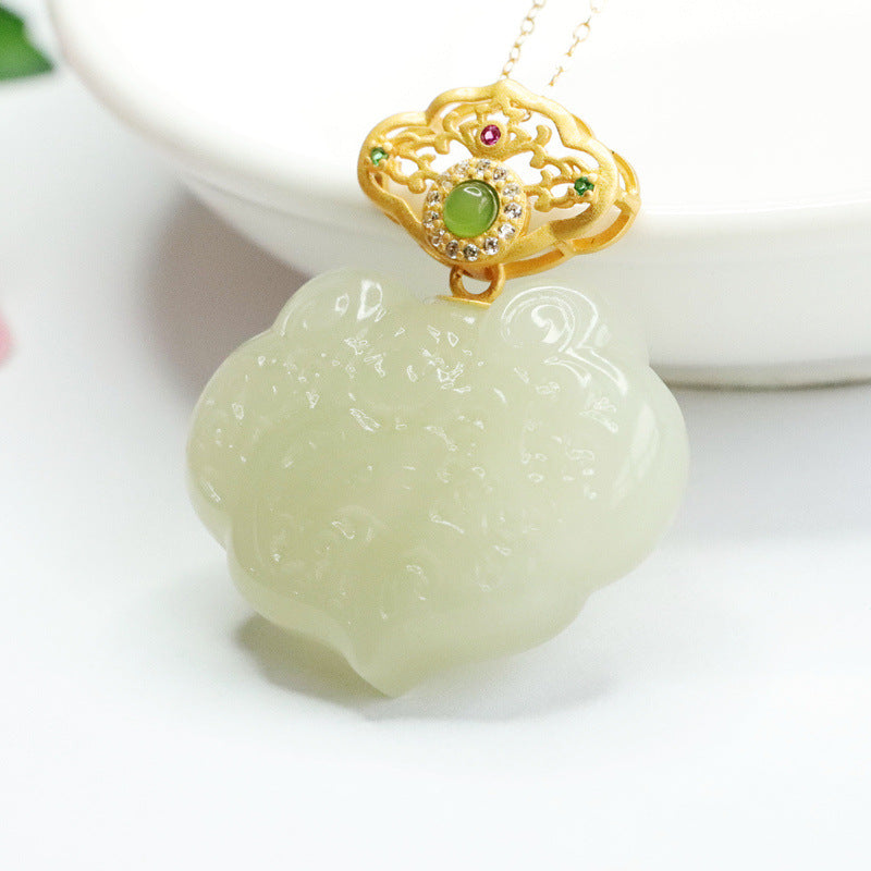 Sterling Silver Lotus Ruyi Pendant Necklace with Natural Hetian Jade