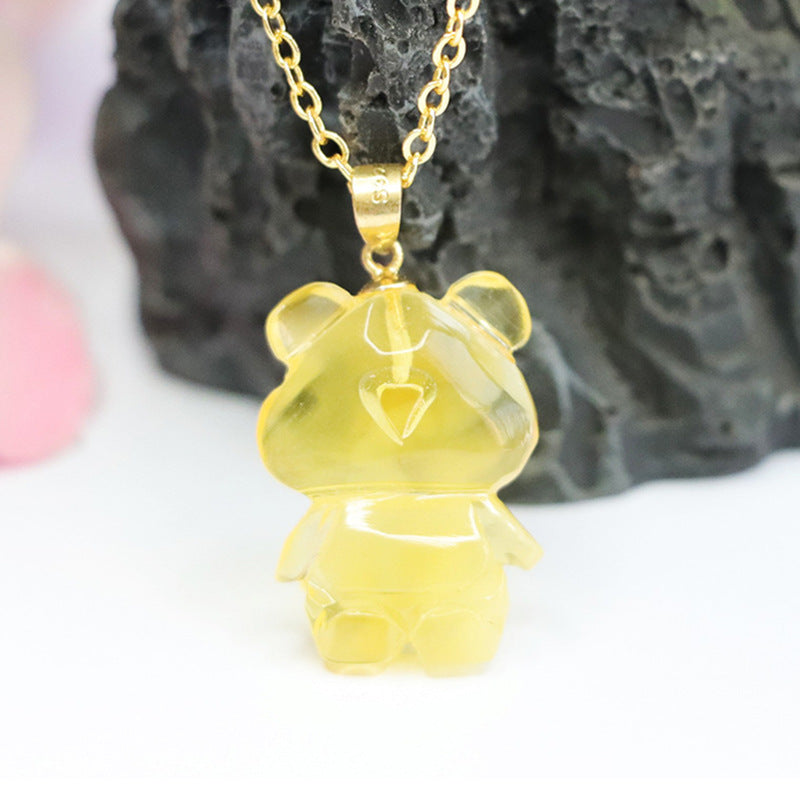 Golden Amber Bear Sterling Silver Necklace