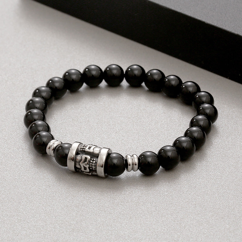 Men's Retro Tiger's Eye Agate Bead Bracelet with Titanium Steel Skull Accents