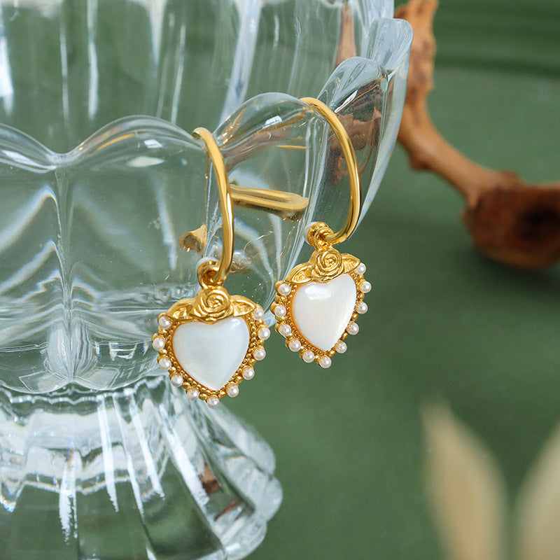 Rose Gold Shell Pearl Heart Dangle Earrings for Women