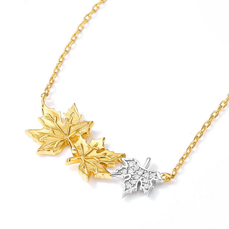 Two Tone Maple Leaf Pendant Zircon Sterling Silver Necklace