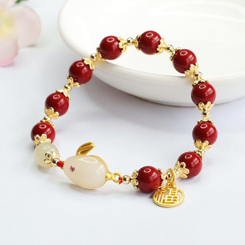 Rabbit Jade and Cinnabar Sterling Silver Blessing Bracelet