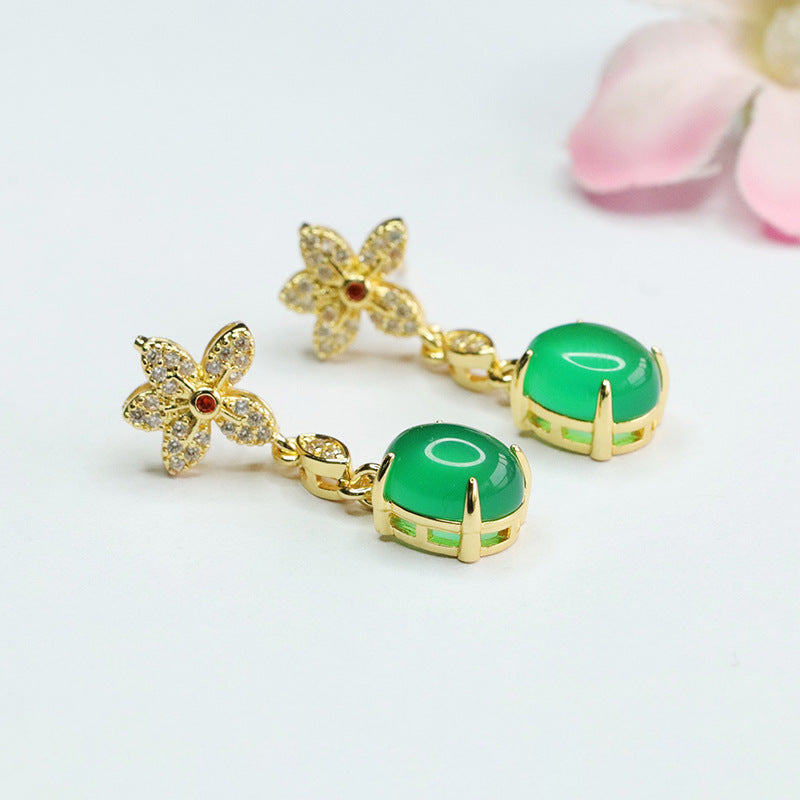 Golden Flower Earrings with Silver Hook featuring Green Chalcedony and Red Agate