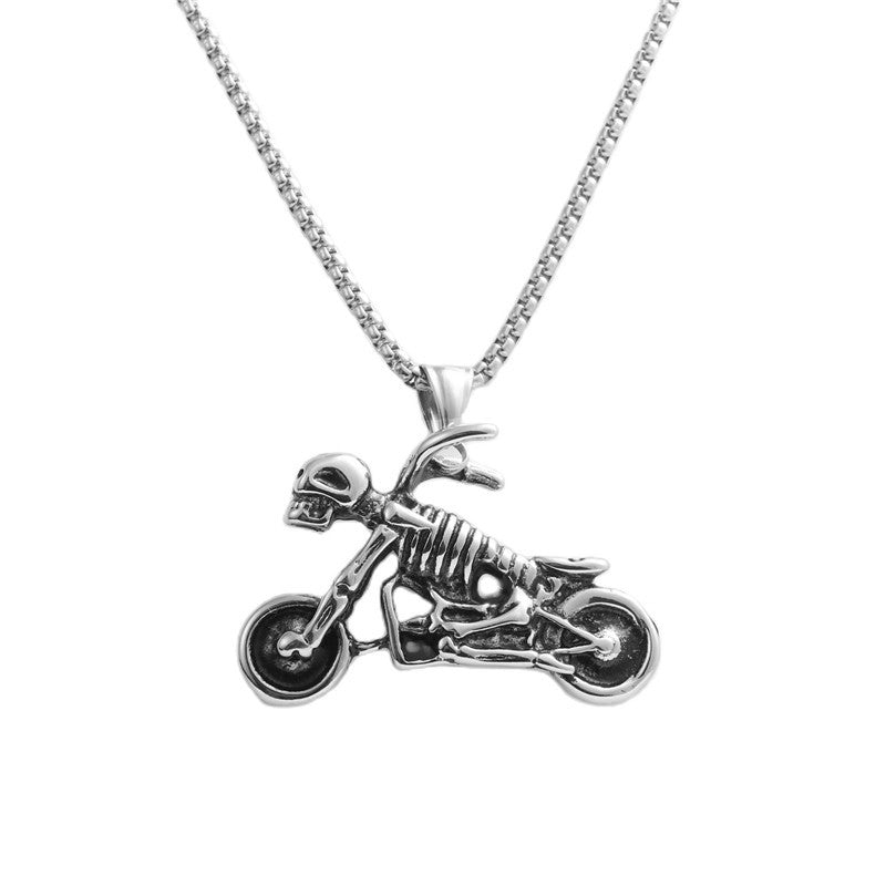 Trendy Men's Titanium Steel Skull Pendant Necklace - Retro Motorcycle Design