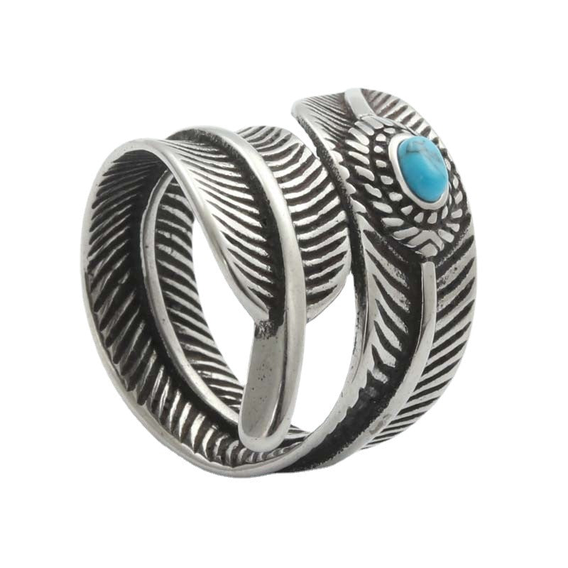 Titanium Steel Turquoise Animal Feather Ring - Retro Trendy Men's Accessory