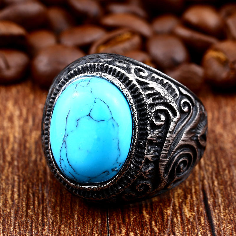 Stylish Engraved Titanium Steel Men's Ring with Vintage Gemstone Accent - Fashion Jewelry Wholesale