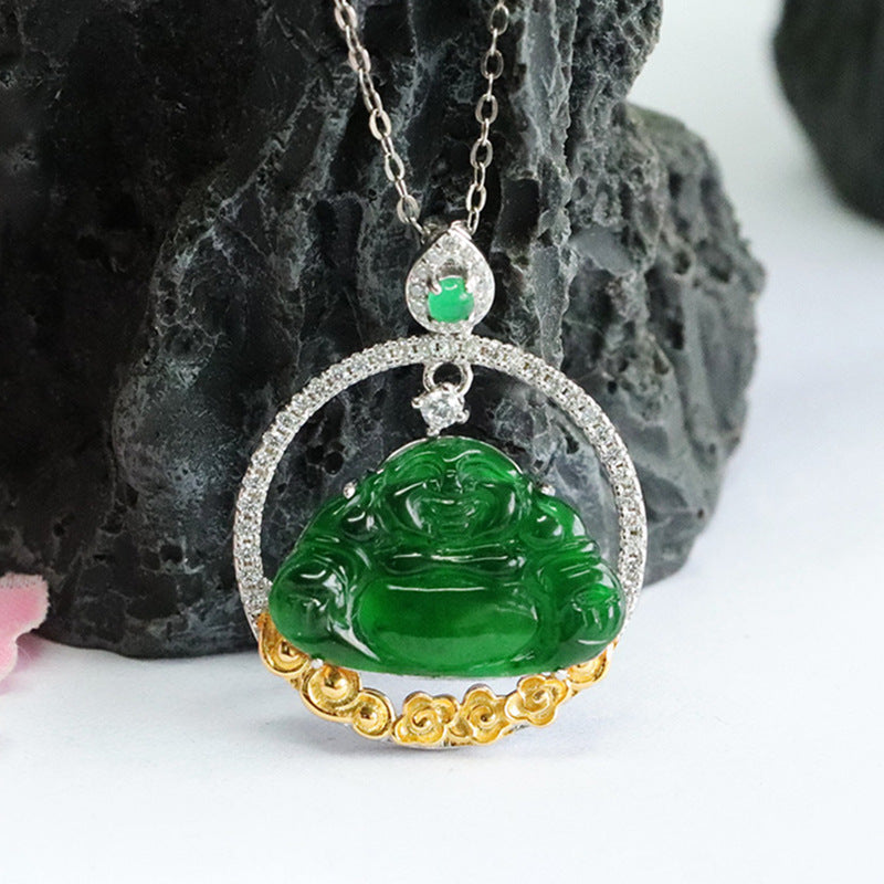 Sterling Silver Jade Buddha Necklace with Hollow Circle Pendant