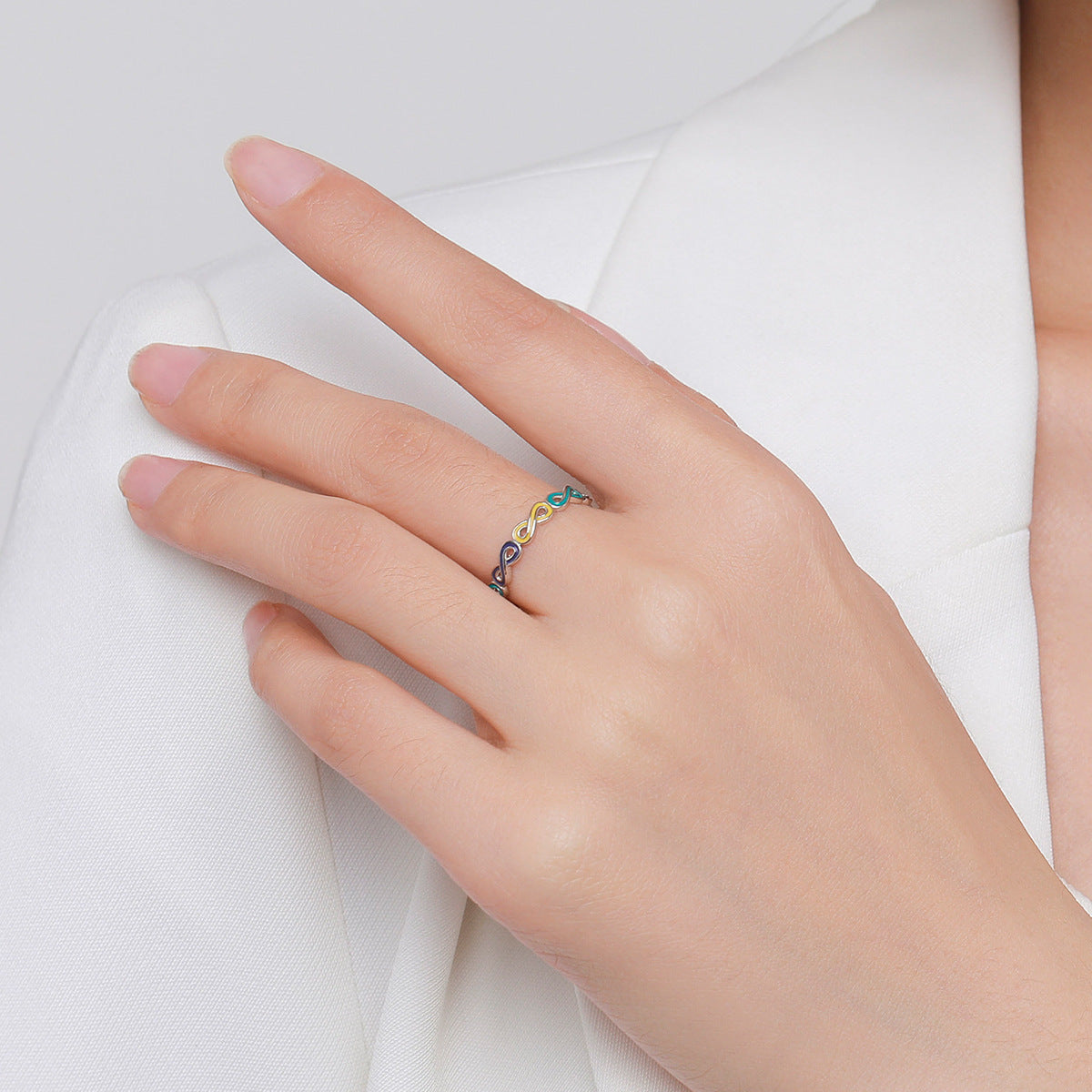 Elegant S925 Sterling Silver Infinite Love Symbol Ring with Colorful Epoxy Detail