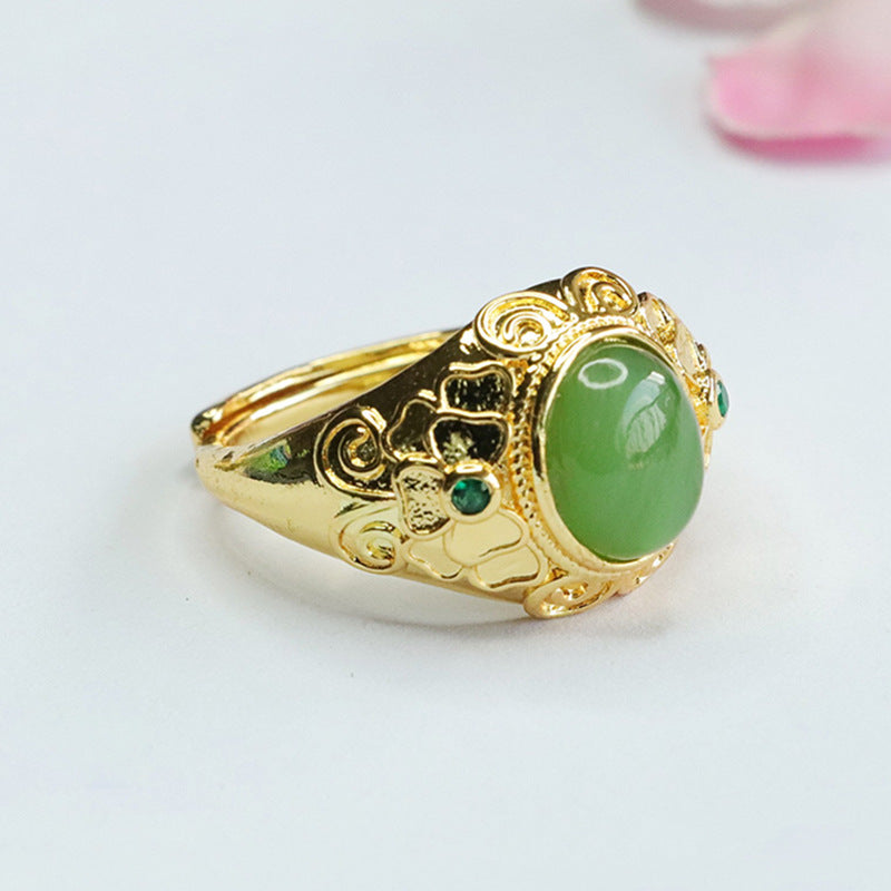 Elegant Hetian Jade Ring with Green Zircon Accents