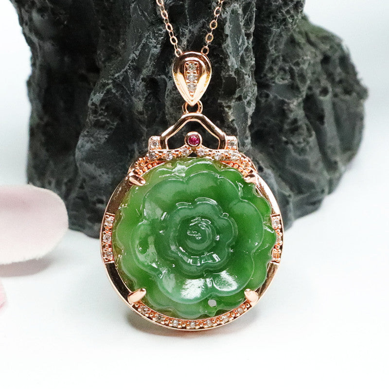 Jade Peony Flower Sterling Silver Necklace with Zircon