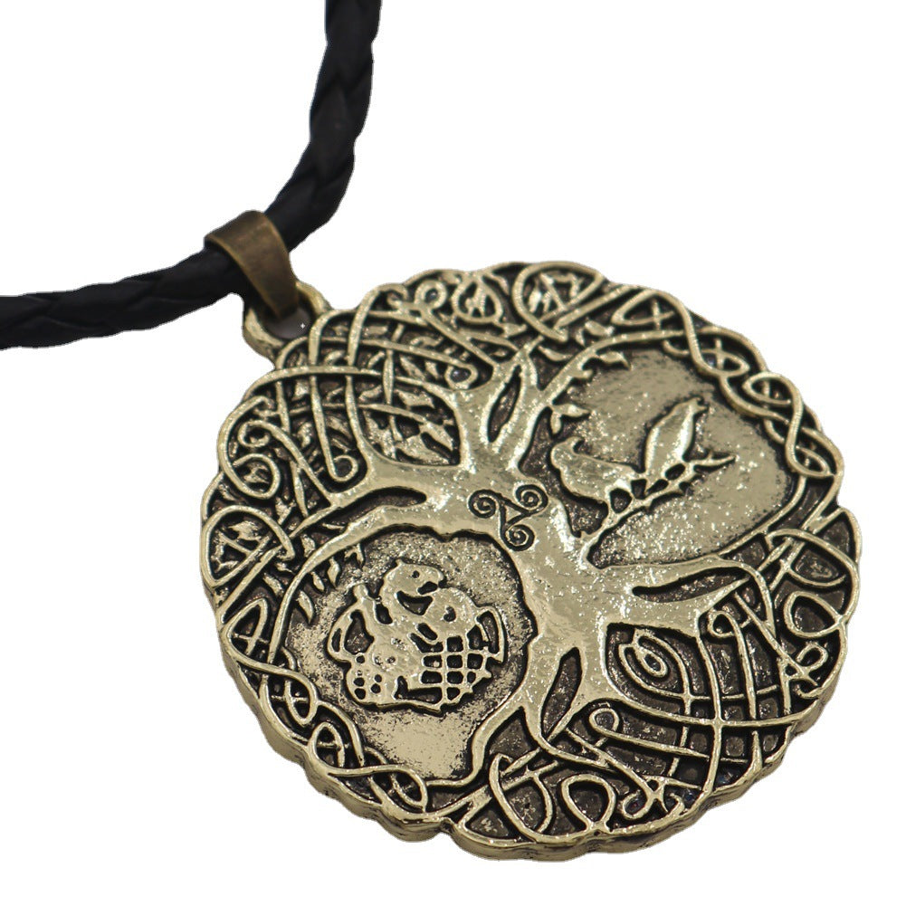 Cross Continental Viking Odin Talisman Necklace with Tree of Life Crow Design for Men, Fashionable Accessory in Europe and America