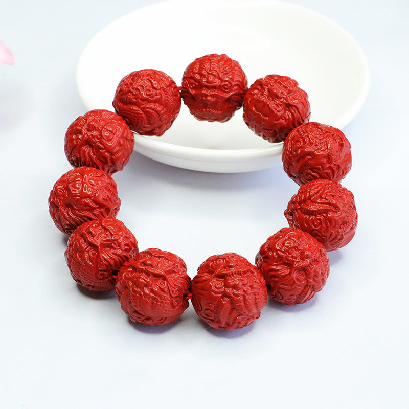 Dragon Head Red Cinnabar Bracelet with Sterling Silver Beads