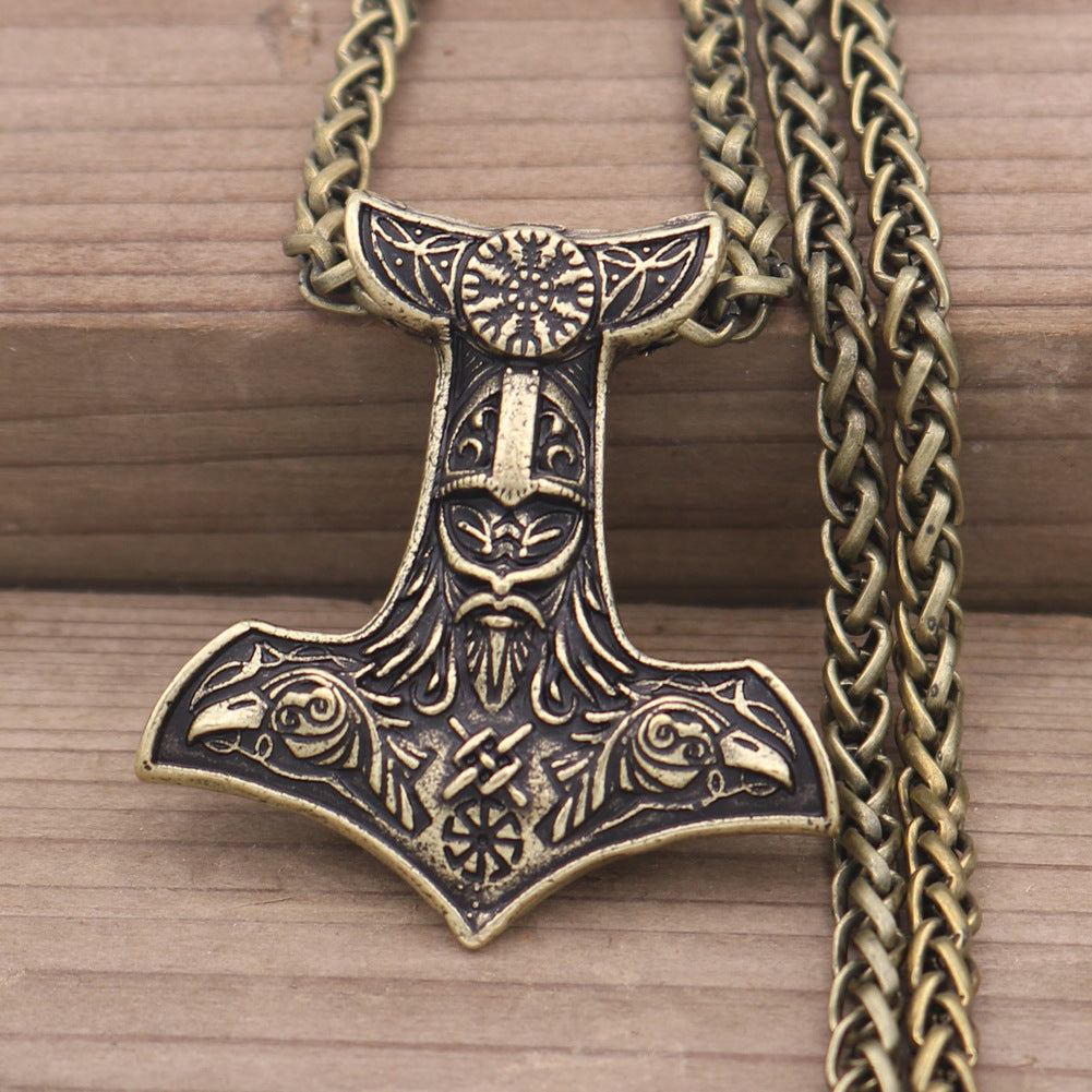 Norse Legacy Double-sided Viking Odin Crow and Thor Hammer Pendant Necklace for Men