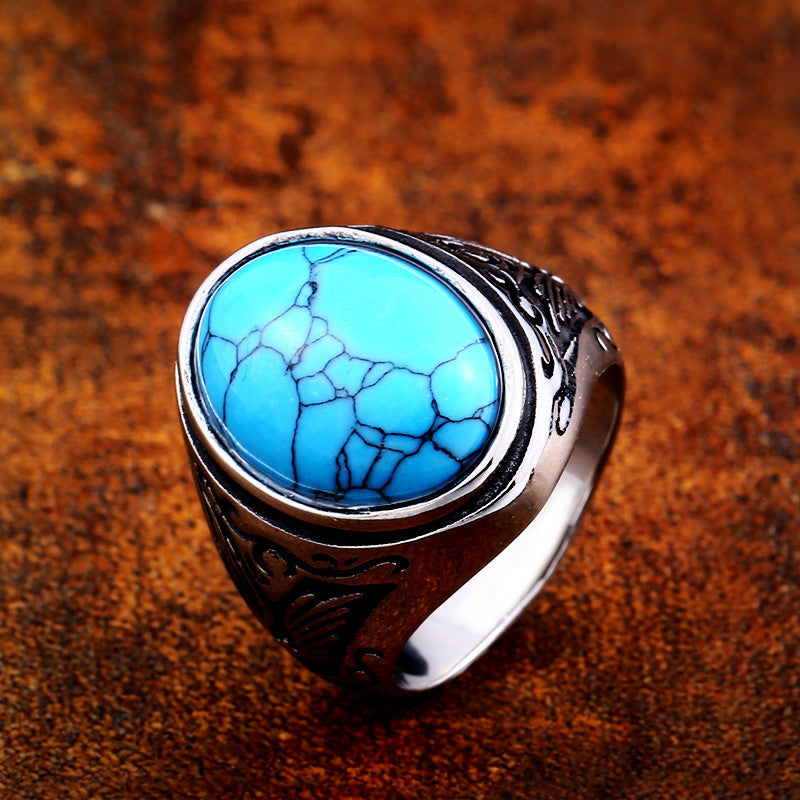 Vintage Turquoise Titanium Steel Men's Ring with Personalized Engraving