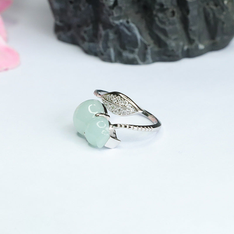 Elegant Sterling Silver Gourd and Leaf Jade Ring