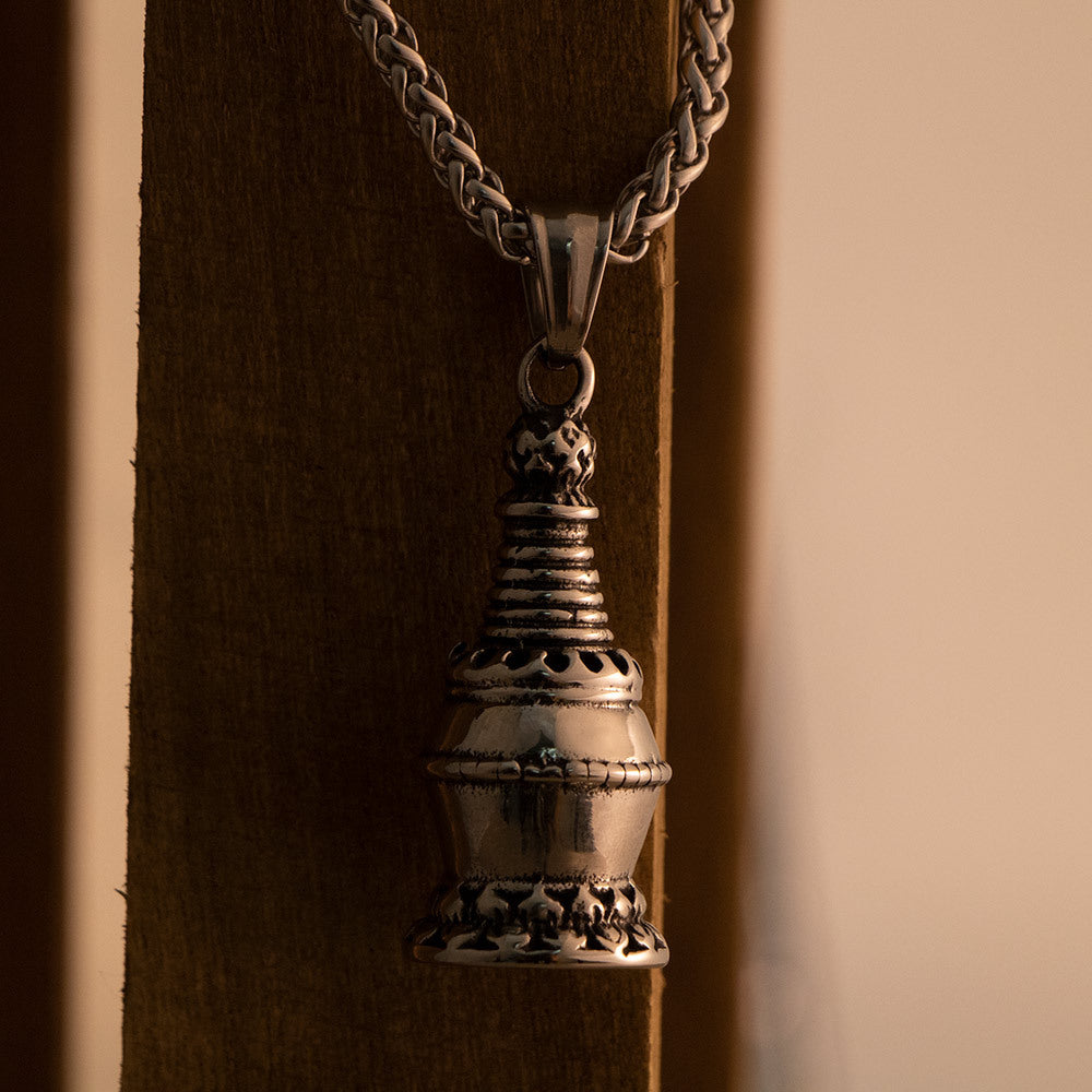 Titanium Steel Retro Stupa Relic Pendant with Lotus Base - Stylish Men's Necklace Accessory