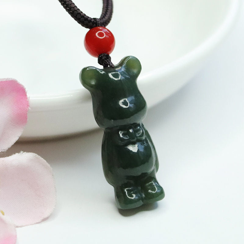 Natural Hetian Jade Bear Pendant - Blackish Green