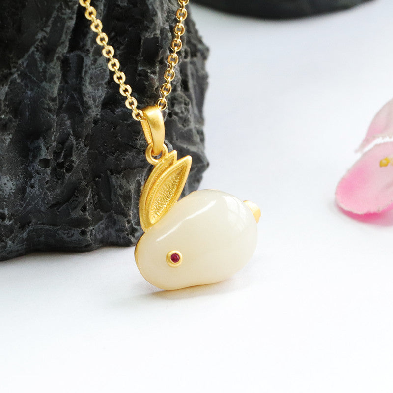 Silver Rabbit Necklace with Natural White Hetian Jade