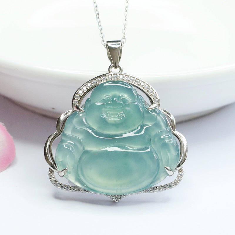 Buddha Pendant Fortune Necklace in Myanmar Blue Green Jade with Zircon