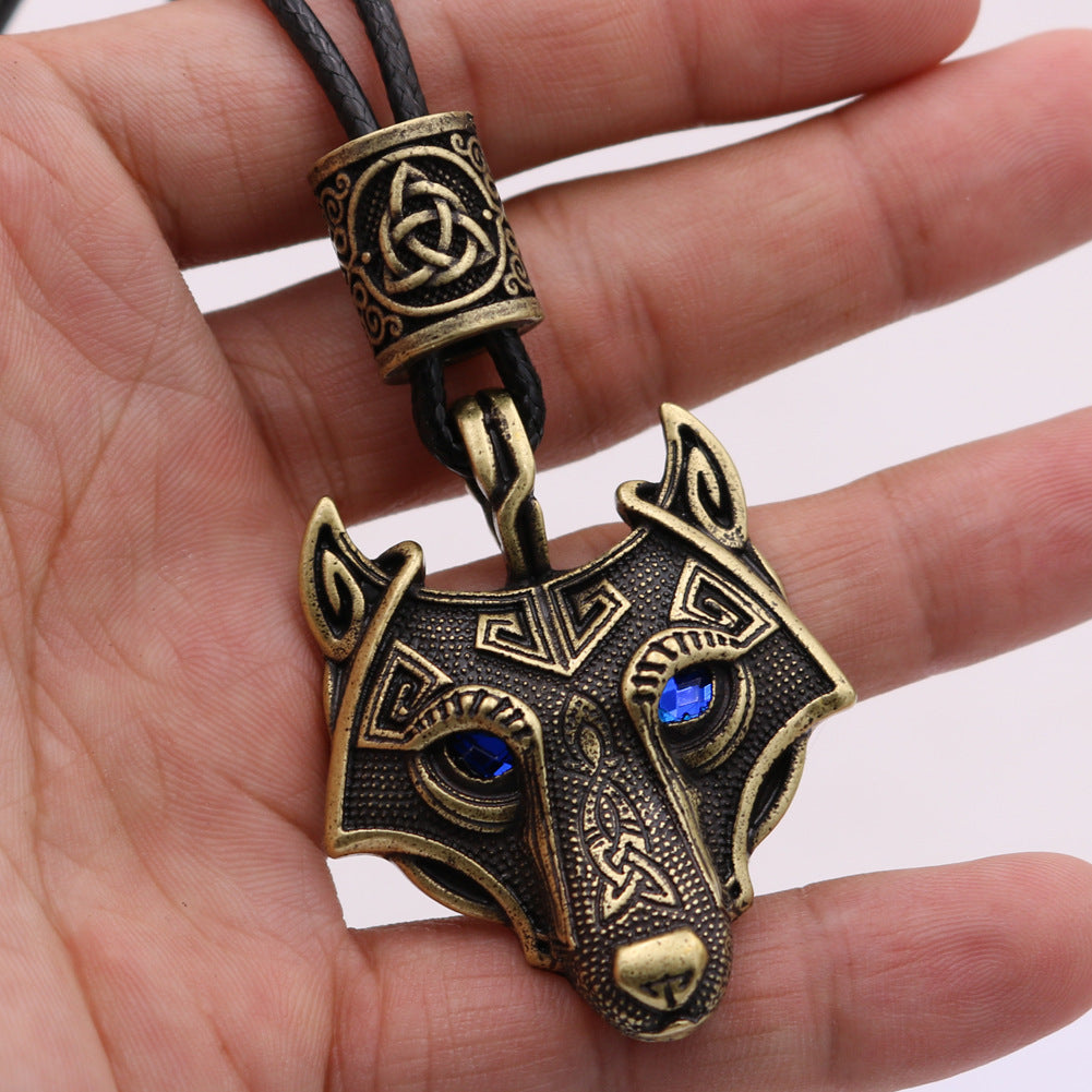 Viking Wolf Head Necklace with Celtic Knot Rune Beads for Men from Norse Legacy Collection