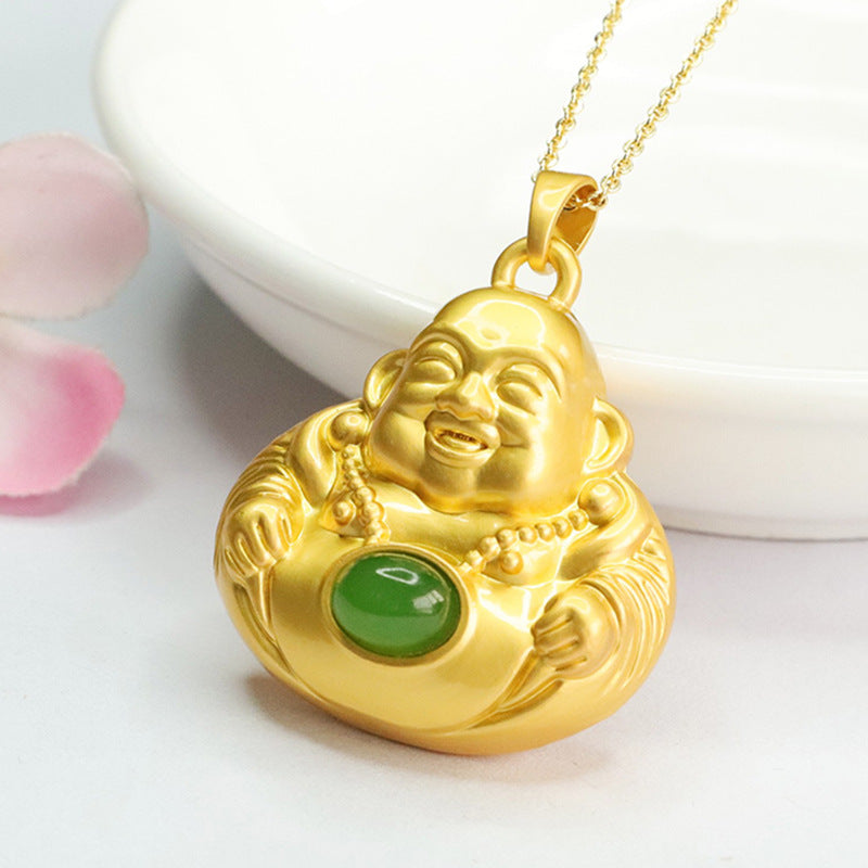 Calming Energy Maitreya Buddha Oval Pendant with Hotan Jade