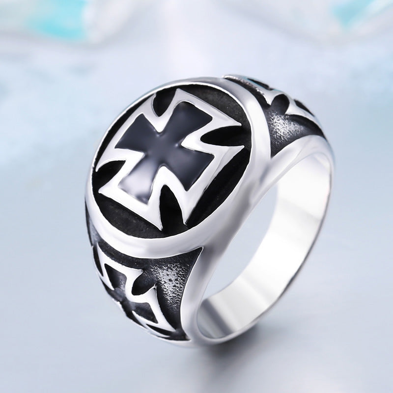 Titanium Steel Epoxy Ring for Men - Retro Cross Design, Stylish Stainless Steel Band for European and American Fashion