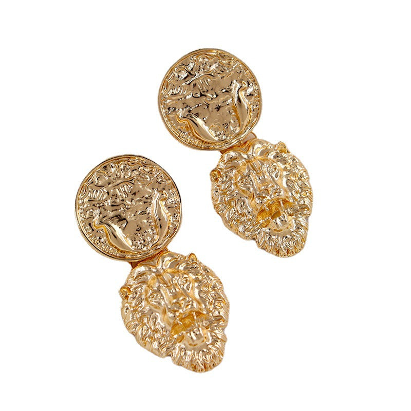 Lion Head Retro Gold Coin Earrings - Vienna Verve Collection