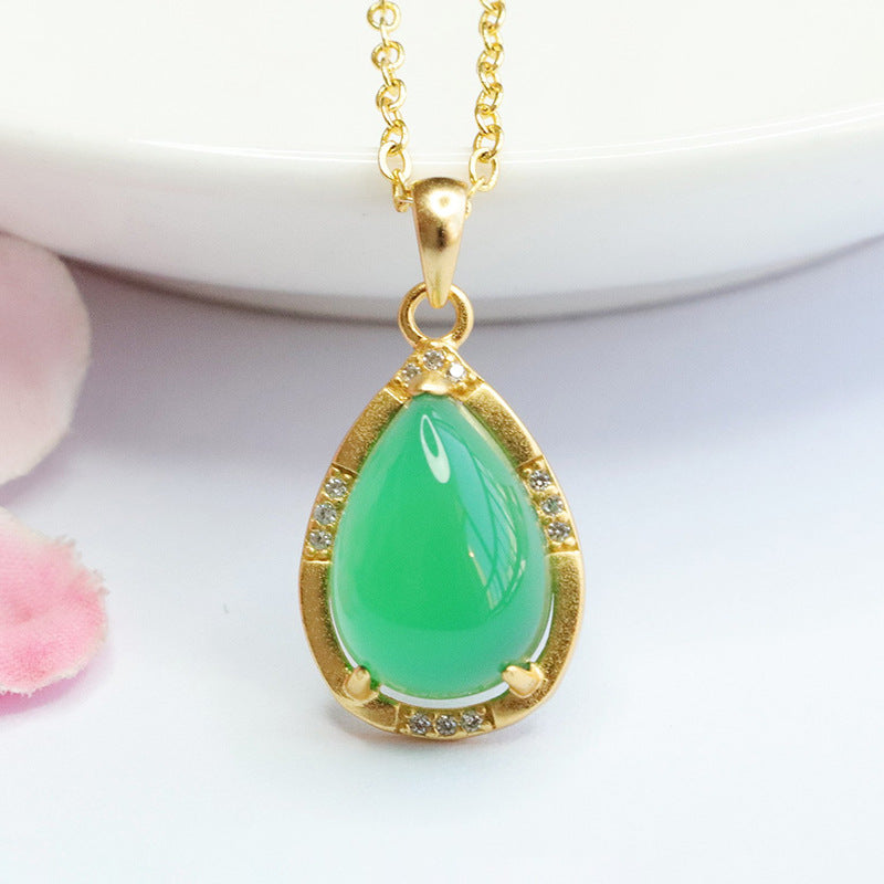 Sterling Silver Necklace with Green Chalcedony Droplet Pendant