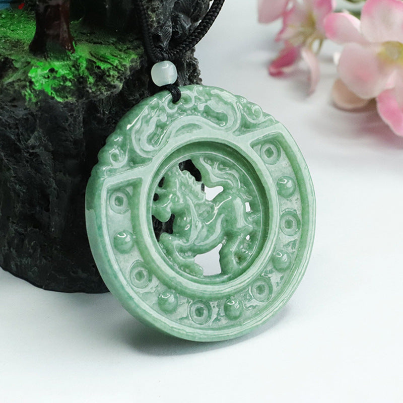 Myanmar Grade A Jade Horse Carving Hollow Round Pendant for Luck and Abundance