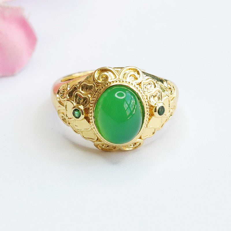 Regal Golden Sterling Silver Ring with Chalcedony and Red Agate