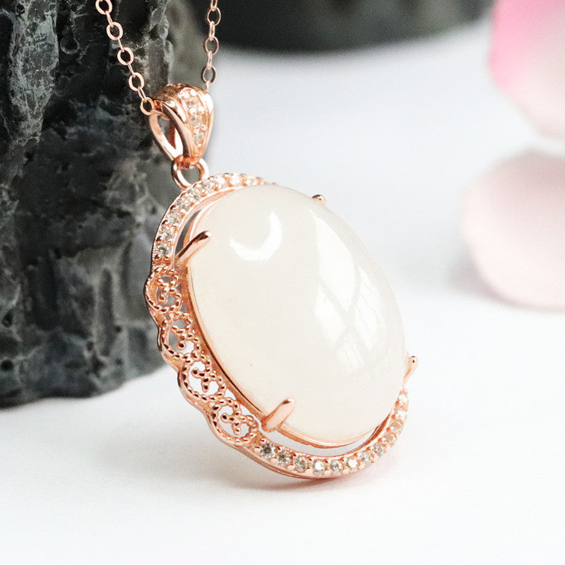 Elegant White Jade Necklace with Silver Pigeon Egg Pendant and Lace Edge