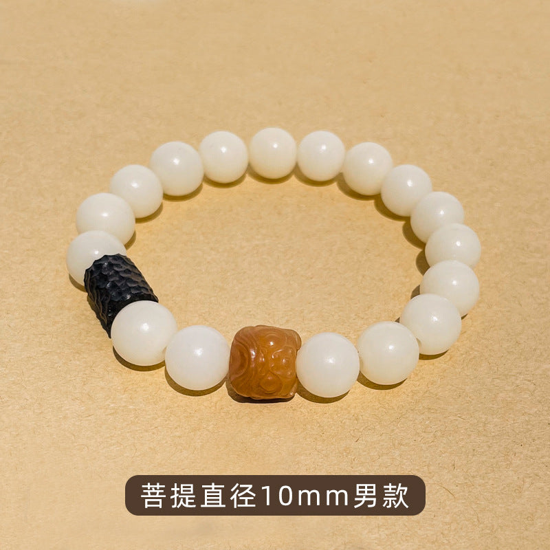 White Bodhi Jade and Sterling Silver Lion Bracelet