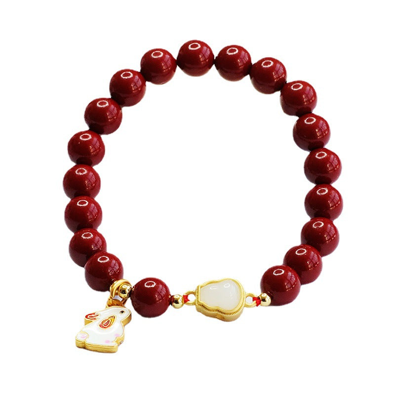 Rabbit Zodiac Jade and Cinnabar Bracelet with Sterling Silver