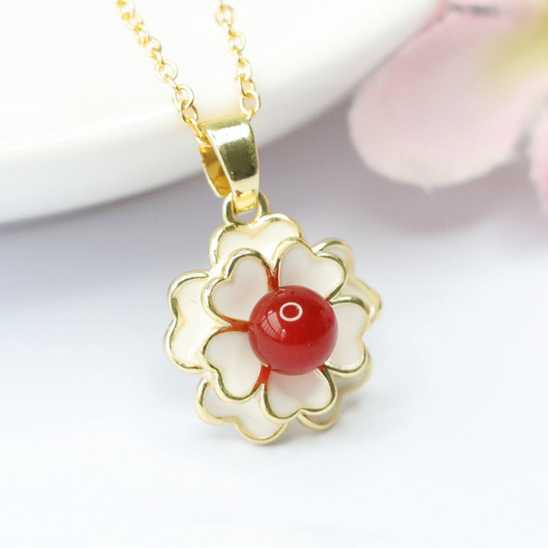 Blood Red Agate Camellia Pendant Necklace