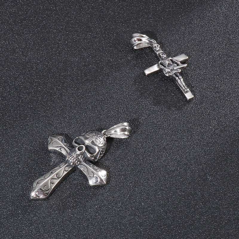 Vintage-Inspired Men's Stainless Steel Pendant with Dominant Cross Skull Design