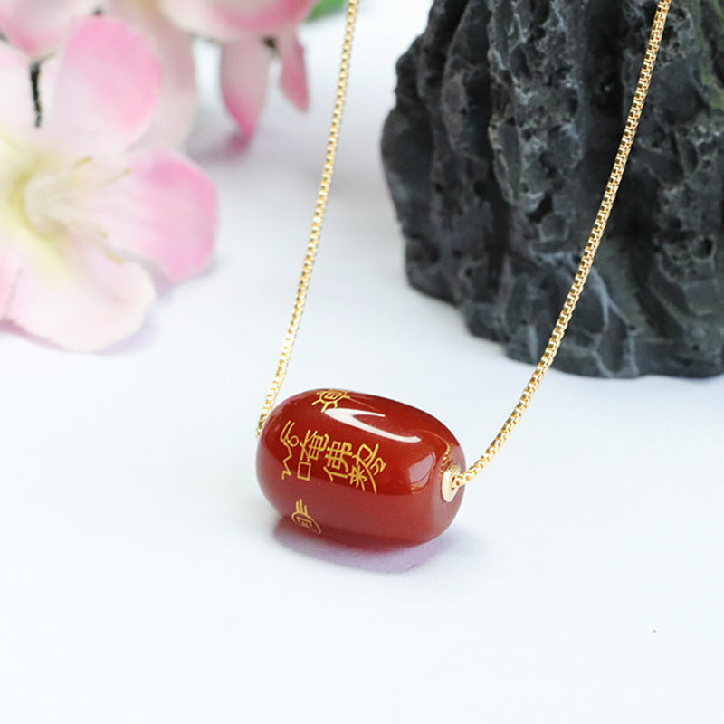 Red Agate Cylindrical Bead Rune Pendant Necklace