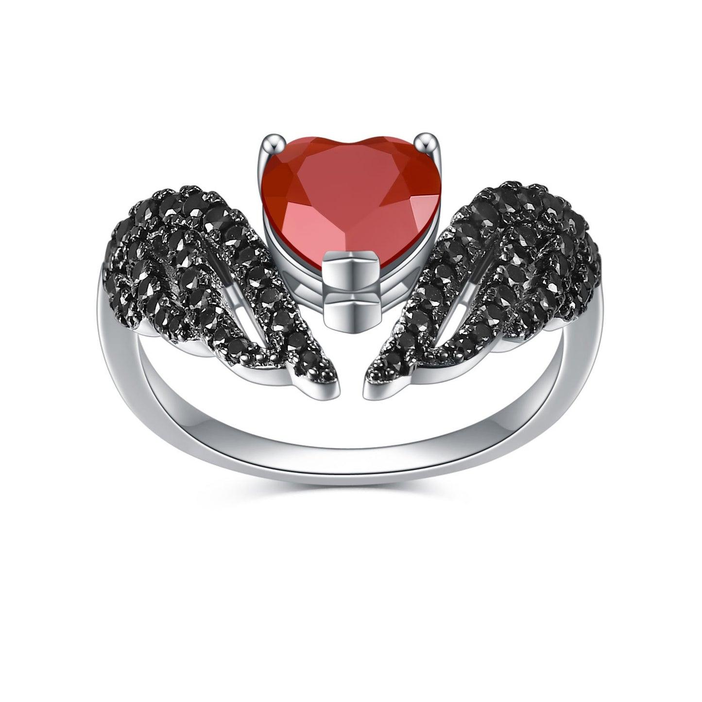 Darkness Wings Heart Shape Natural Gemstone Silver Ring