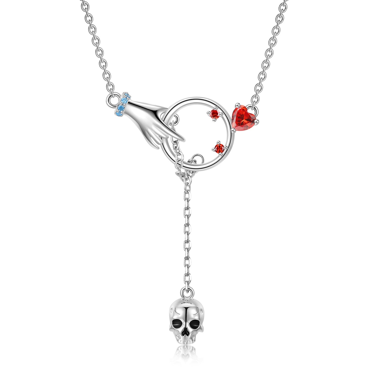 Halloween Hand Hook Circle Pendant with Red Zircon Tassel Skull Silver Necklace