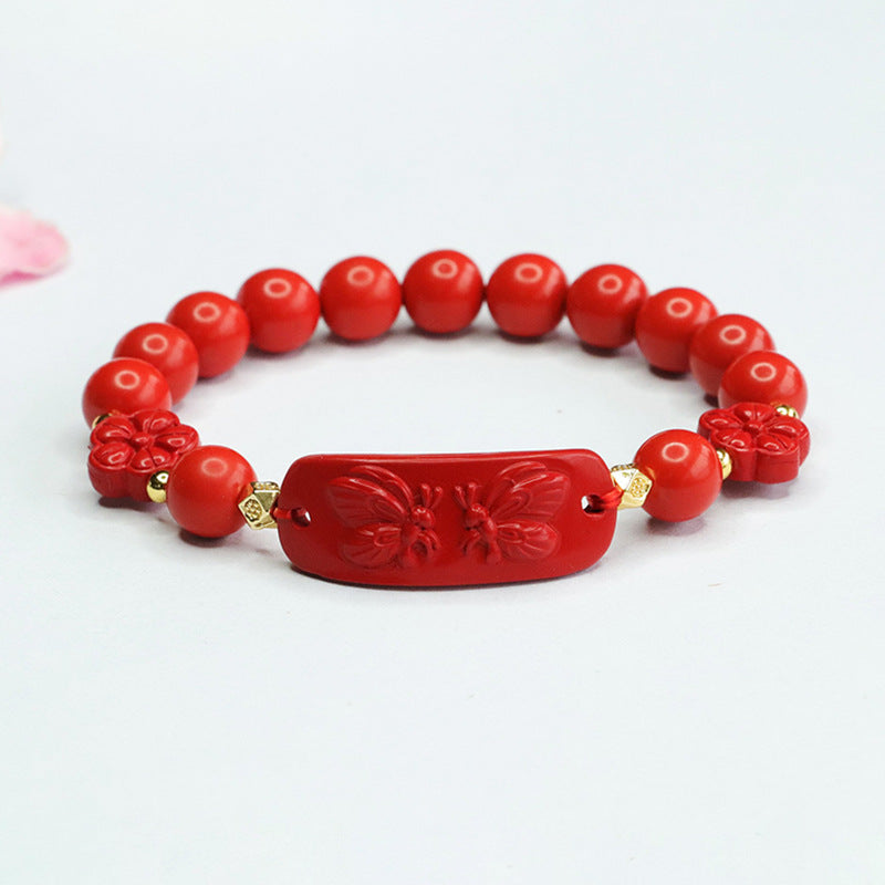 Red Butterfly Cinnabar Stone Sterling Silver Bracelet