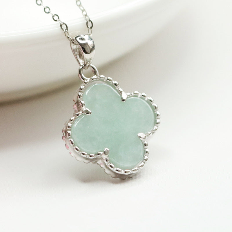 Jade Clover Pendant Necklace with Sterling Silver Chain