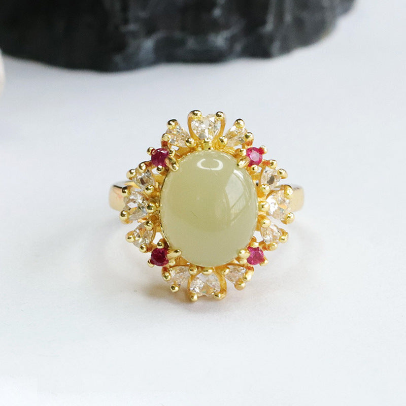 Heart-Shaped Zircon and Oval Hotan Jade Sterling Silver Ring