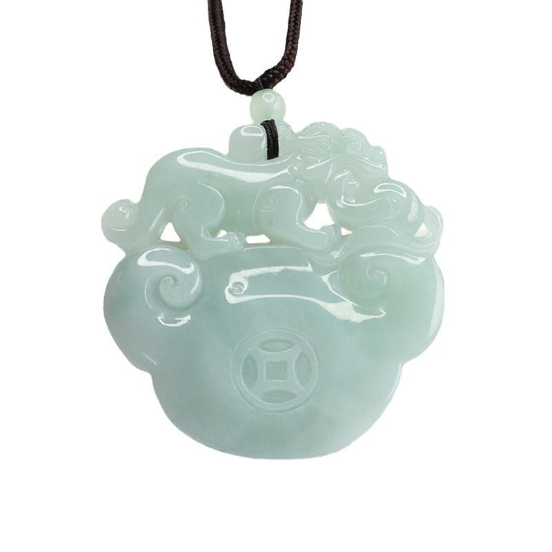 Good Luck Charm Burmese Jade Pendant with Sterling Silver Pixiu Detail