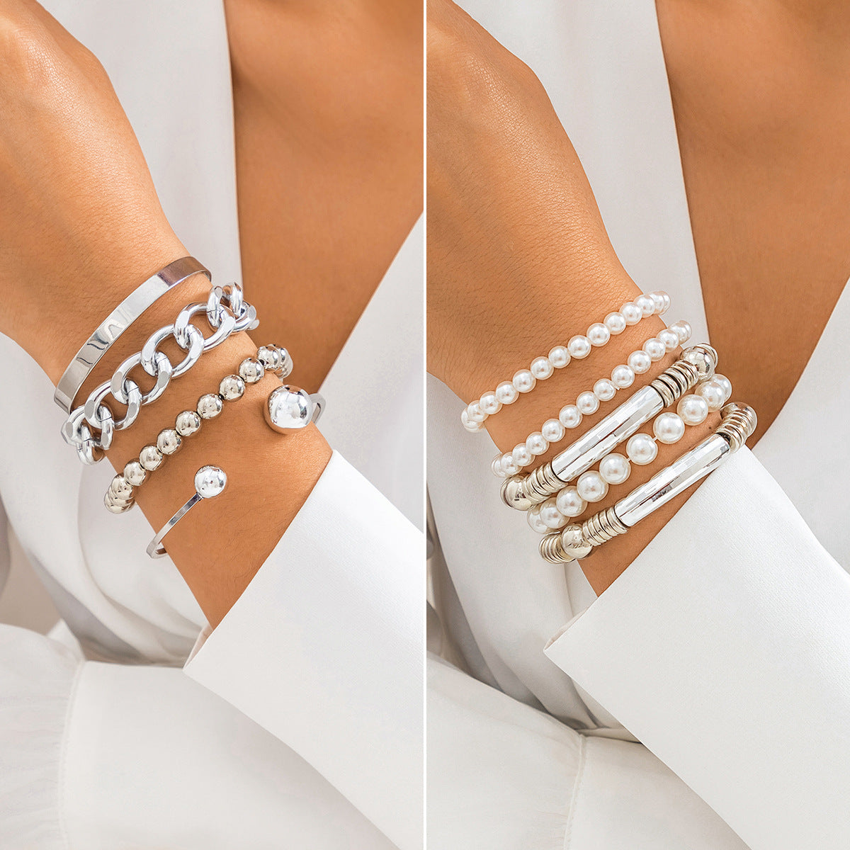 Exaggerated Cyberwind Multi-layer Beaded Bracelet with Imitation Pearl Accents