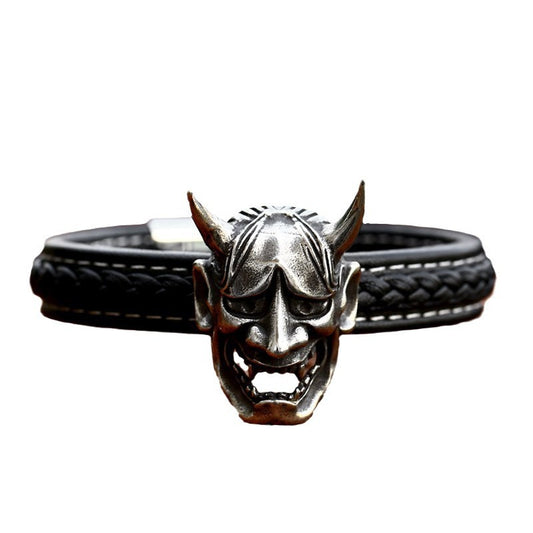 Bold Retro Titanium Steel Men's Leather Bracelet - Domineering Prajna Mask Design for Statement Style