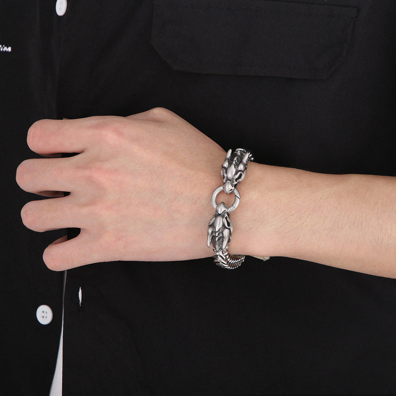 Customizable Punk-Style Titanium Steel Men's Bracelet with Dual Animal Heads