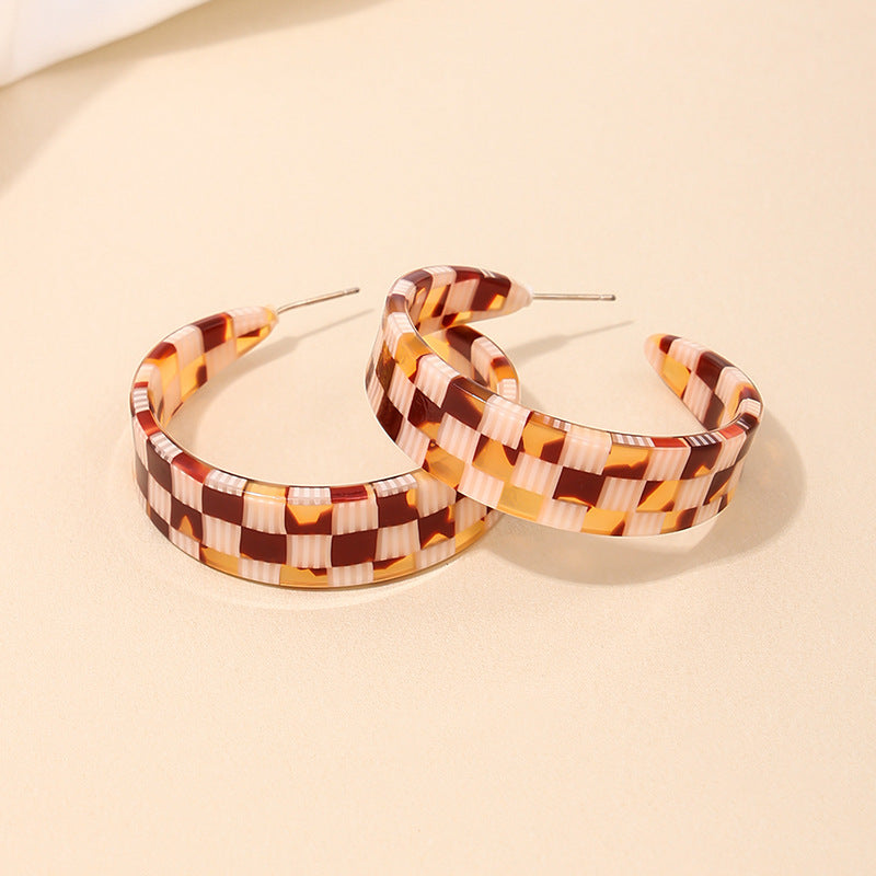 C-Shaped Checkerboard Earrings with Acrylic Details - Vienna Verve Collection