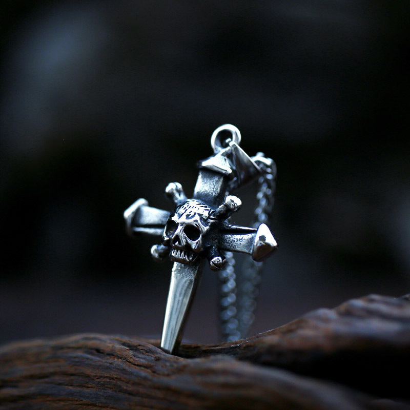 Wholesale Retro Skull Titanium Steel Cross Pendant for Men - European and American Style