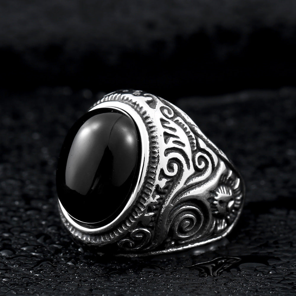 Stylish Engraved Titanium Steel Men's Ring with Vintage Gemstone Accent - Fashion Jewelry Wholesale