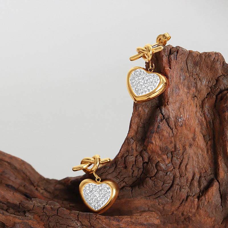 Three-dimensional Love Titanium Steel Earrings with Zircon Studs