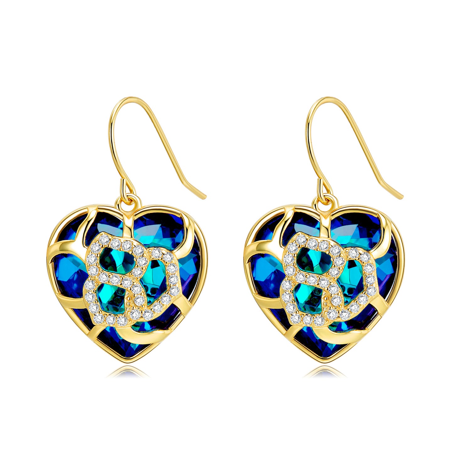 Heart Shape Pendant Hollow Pattern Blue Zircon Silver Hook Earrings